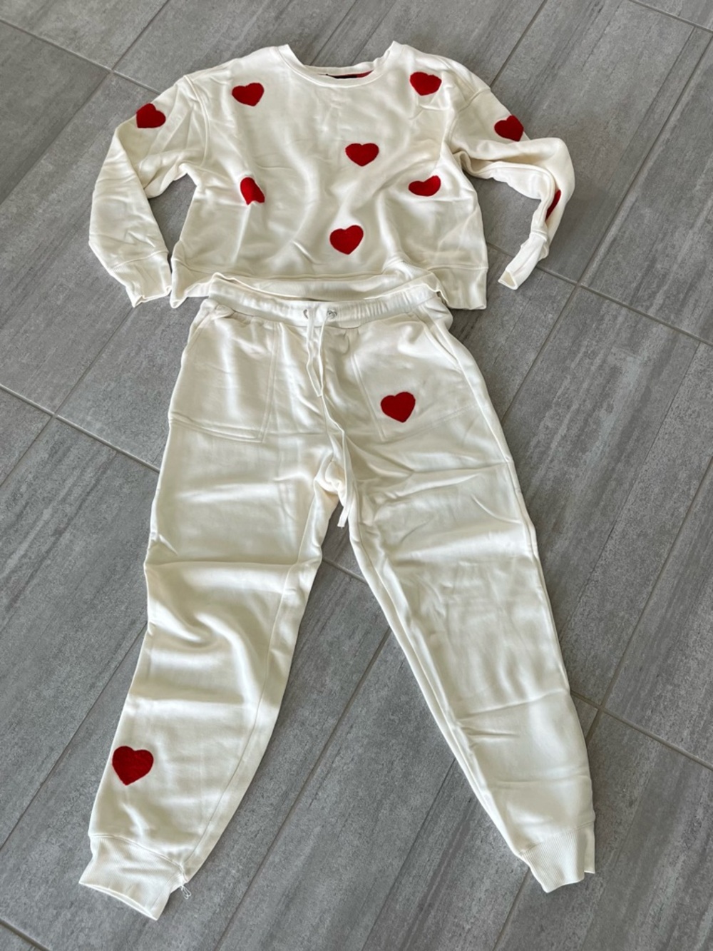 Cream Sweatshirt & Jogger Set with Red Heart Appliqués size M worn for 2hrs
